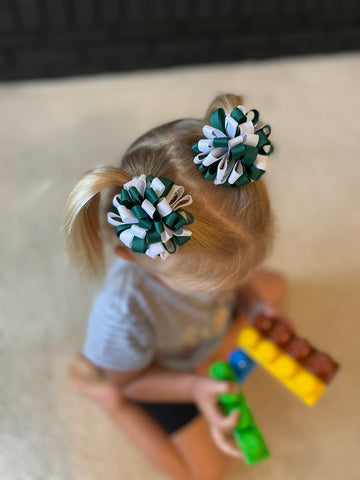 Green and White Ribbon Poms